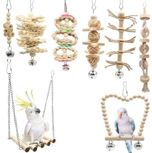 Lot de 8 balançoires à Suspendre, pour oiseauxpour Cage à Oiseaux, perchoir, échelle à mâcher, hamac pour perruches, calopsittes, inséparables, Conures, pinsons et Autres Petits Animaux de Compagnie