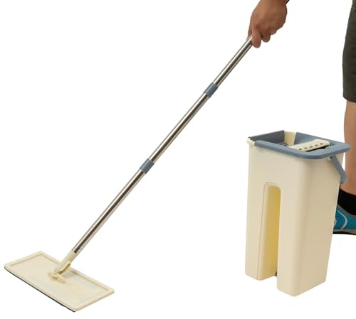Juego de fregona con cubo, fregona plana y cubo con escurridor, fregona giratoria 360° con 10 almohadillas de microfibra, para limpieza en seco y húmedo