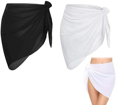 ITCGOB Pack de 2 Pareos de Playa para Mujer, Sarong de Gasa Semi Transparente Negro y Blanco, Falda Corta Envolvente para Bikini y Traje de Baño, Chal Ligero para Vacaciones, Piscina y Verano