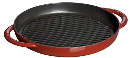 STAUB 40510-309 Pure Grill Round Cherry, 10.2 inches (26 cm), Double Handed, Cast Enamel, Induction Compatible, Grill & Frying Pan