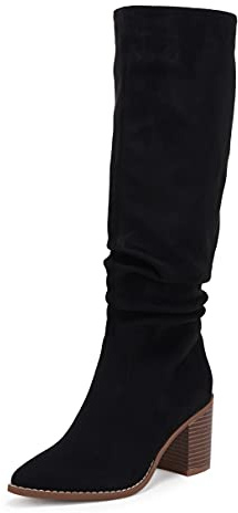 Huiyuzhi Womens Pointed Toe Knee High Boots Mid Chunky Heel Faux Suede Side Zipper Riding Booties