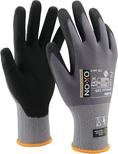 OX-ON Flexible Advanced 1905 Grey Work Gloves, Extremely Durable Safety Gloves, Secure & Precise Grip,Protective & Comfortable Nitrile Gloves,Phone Touch,Breathable Mechanic Gloves 6pairs Size 12/XXXL