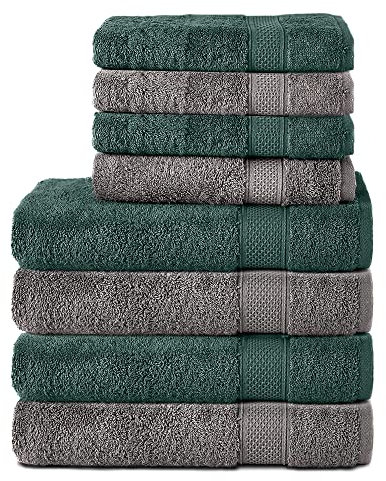 Komfortec 8er Handtuch Set aus 100% Baumwolle, 4 Badetücher 70x140 und 4 Handtücher 50x100 cm, Frottee, Weich,Groß, Anthrazit Grau/Dunkel grün
