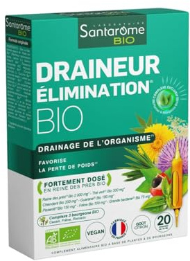 SANTAROME Draineur Élimination Bio Thé Vert - Détox Minceur - 20 Ampoules | Draineur 100% bio, sans arôme de synthèse : thé vert, pissenlit, guarana + 3 bourgeons - 1 ampoule/jour - Fabriqué en France