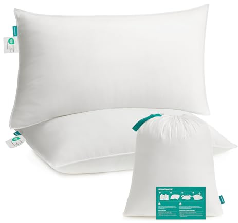SONGMICS Cuscini Letto, Set da 2, 50 x 70 cm, Imbottitura 800 g, Rivestimento in Tessuto di Poliestere Spazzolato, Lavabile in Lavatrice a 60°C, Con Borsa, Bianco Nuvola TBP006W02