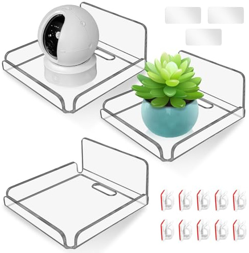 GZkushi Wandregal Ohne Bohren, Acryl, 3 Stück, 10.2×10.2×4.5cm | mit 10 Kabelclips, Kabeldurchführung, Wandregal Selbstklebend für Badezimmer, Wohnzimmer, Schlafzimmer, Küche und Büro