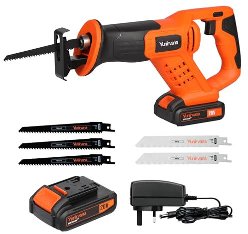 Yunirvana 20V Cordless Reciprocating Saw, 0-3000 SPM Variable Speed, Tool-Free Blade Change, Includes 3 Wood Blades & 2 Metal Blades, with 2000mAh Battery & Fast Charger