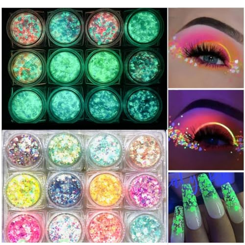 KARLOR Gesicht Glitzer Gel Set, 12 Pcs Fluoreszierend Glitzer selbstklebend, Face Fluorescent Glitter Glitzer Gesicht nachtleuchtend Sequin Glitter Gel Glow Make-up Glitzer Augen Haare