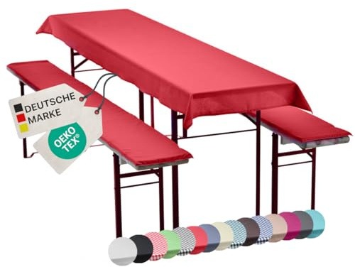 NYVI Bierbankauflagen Set NYVIGala 240x90 cm Rot - 1x Tischdecke für 220x70 cm Biertische & 2X Gepolsterte Auflage für 220x25 cm Bierbänke - Sitzauflage für Bierzeltgarnitur