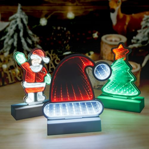 Gresonic Weihnachts-Unendlichkeitslichter, LED-Weihnachtsmann, Weihnachtsbaum, Weihnachtsmütze,Tischdekoration, Mini-Weihnachtsmann mit Lichtern, Weihnachtsspiegel-Dekorationen(Dreiteiler)