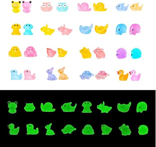 VelvetGlow 32 Pcs Glow-in-the-Dark Miniature Resin Animals, Various Small Figures for Fairy Gardens, Dollhouses and DIY Decor, Glowing Ducks for Creative Landscapes