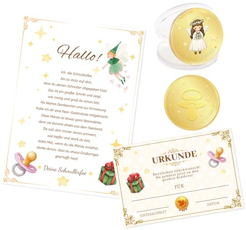 3 Stück Schnullerfee Geschenk Set, Schnullerfee-Andenken | Schnullerfee Brief+Schnullerfrei Urkunde+Schnullerfee Münze, Wird Verwendet, Abschied von der Schnullerzeremonie zu Feiern