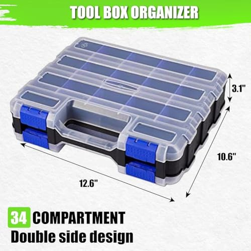 Gdfnmogo Caja de almacenamiento de herramientas de doble cara con 34 compartimentos y separadores extraíbles para tornillos, tuercas, pernos, organizador de polipropileno transparente con asa para el