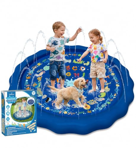 KiddoSpace Splash Pad for Kids – Non-Slip Outdoor Water Play Mat with Learning Designs, Fun Backyard Summer Activity for Toddlers and Children, Includes Repair Kit, BPA-Free