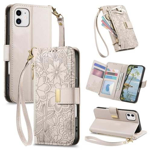 VEEMOS Phone Case for Apple iPhone 12 / iPhone 12 Pro Case with Zip Wallet Purse Card Holder Slot Embossed Flower Design Folding Flip Cover Leather Stand Lanyard Wrist Strap Women - Grey