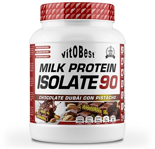 VITOBEST | Proteínas Milk Protein Isolate 90 | Más de 25 g de proteína láctea por toma, aminoácidos esenciales BCAA | Textura cremosa excelente solubilidad | Sabor Chocolate Dubái con pistacho - 1 kg