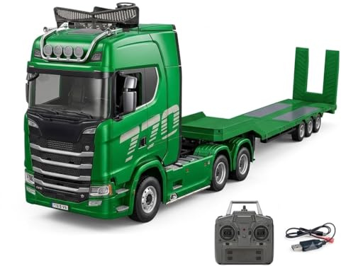 ExPrismarx Juego 770S de camiones RC a escala 1/18, tractor camión pesado 2.4G de 6x4 con semirremolque plano y kit de luces LED, camión de control remoto de tracción trasera para exhibición y