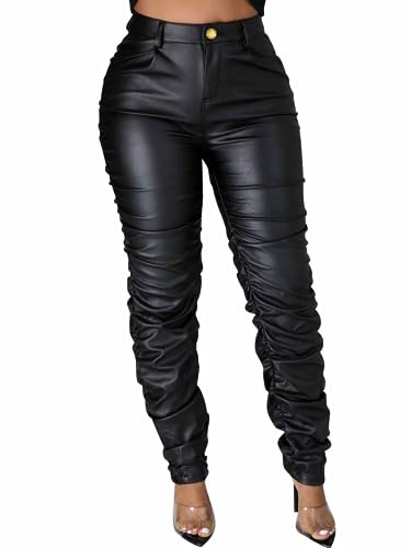 Zebaexf Women's Stretchy Faux Leather Leggings Pants,High Waist Stacked Pants for Women Black XXXL