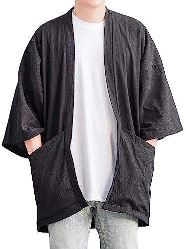 Men's Cotton Linen Kimono Cardigan 2 Pockets Oversized Noragi Jacket Man Haori Summer Yukata Beach Robe (Black)