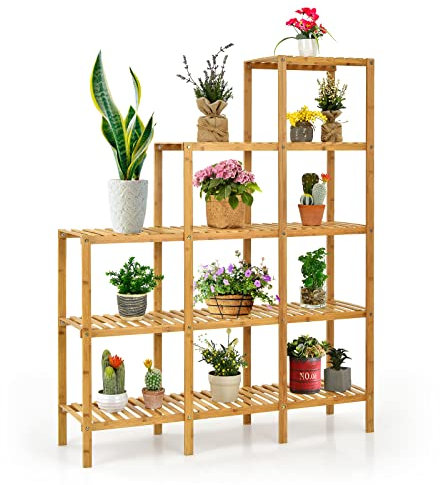 COSTWAY Bamboo Plant Stand, 5/9 Tiers Flower Shelf Rack, Indoor Outdoor Bonsai Holder Display Storage Organizer for Patio Garden Living Room Balcony (114 x 31 x 141cm)