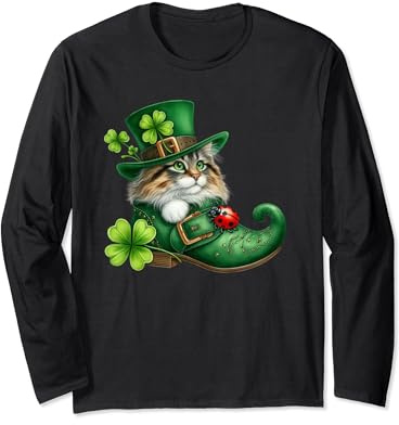 St Patrick’s Day Cat in Shoes - Norwegian Forest - Cute Long Sleeve T-Shirt