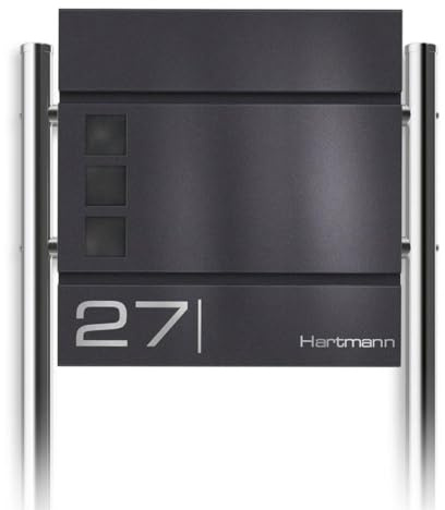 Metzler Standbriefkasten Cube in DB 703 Eisenglimmer - Name & Hausnummer als Lasergravur - Design Briefkasten mit Zeitungsfach, Sichtfenster & Ständer - Größe: 37 x 37 x 10,5 cm - Höhe 120 cm