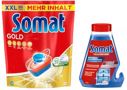 SOMAT Tabs 50 AW Gold, Geschirrspül Tabs für strahlend sauberes Geschirr auch bei niedrigen Temperaturen, gegen Eingetrocknetes + Somat Duo Power Experten Intensiv-Maschinenreiniger 250ml