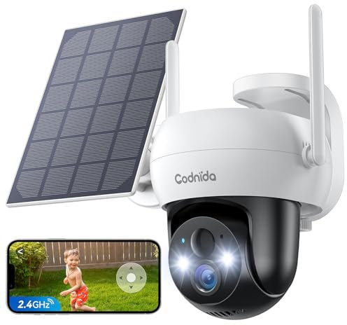 Codnida 2K Solar Security Camera Outdoor Wireless, 360° PTZ WiFi Camera for House Security, CCTV Camera Battery Powered, Motion Detection, Color Night Vision, 2-Way Talk, Sound and Light Alarm, Q02