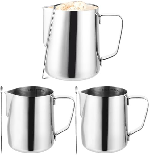 SHUESS Milchkännchen Edelstahl 3 Stück Milchkanne Barista 2 x 350ml und 1 x 600ml mit Messskala Latte Art Pen und Ausguss für Cappuccino Latte Macchiato Kaffee Sahne Saucen Küche Café Hotel