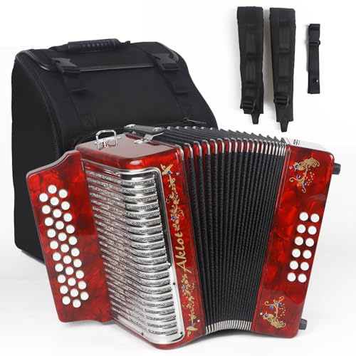 AKLOT 31 Key 12 Bass Accordion, FBE,Celluloid Body, Metal Cover Accordions Louder Clearer Timbre than Plastic,Luxury Thicker Backpack,Straps,Embedded Imitation Diamond 31 Buttons Diatonic Acordeón Red