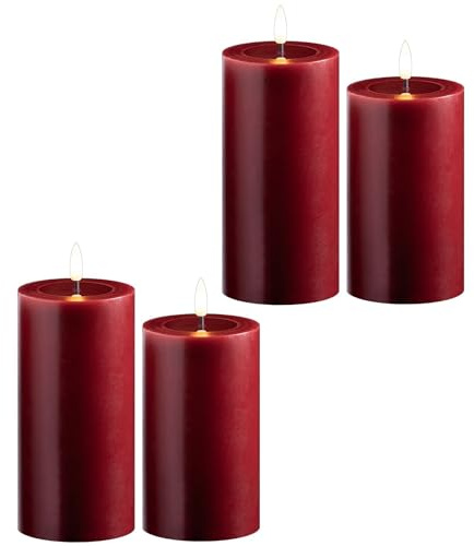 Novaliv 4er Set Led Kerzen flackernde Flamme mit Echtwachspiegel rot 7,5cm ø 2X 15 cm, 2x12,5 cm Höhe, LED Kerzen mit Timerfunktion, 2 AA Batterien nötig, LED Echtwachs Stumpenkerzen rot