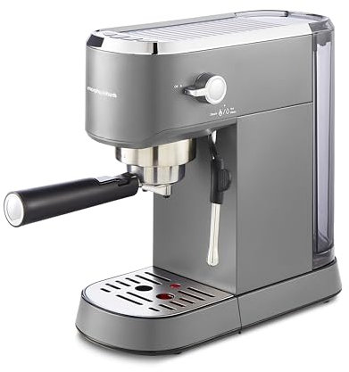 Morphy Richards Signature Compact Espresso Maker, Ground Coffee, Dual Cup, Illuminated Buttons, 1L Water tank, Steam Control, Milk Frother Wand, includes Tamper, Spoon, Stainless Steel, Grey, 172026