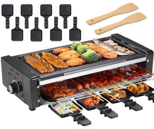 Electric Raclette Grill, Nonstick Surface, Smokeless Indoor BBQ, Includes 8 Cheese Pans and 2 Spatulas for Cooking Parties