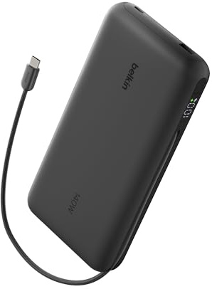 Belkin UltraCharge Pro 25000mAh Power Bank Fast Charging for Laptop - Black | 25K Portable Charger, 1 x USB-C Port + Integrated Cable, 1 x USB-A Port, 158W Power Delivery, Pre-Charged, Digital Display