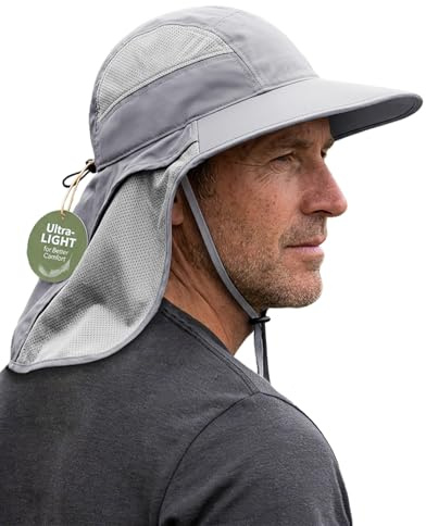 Hat Hut Cappello da sole ultraleggero con patta per il collo, UPF 50+, tesa larga, traspirante, per escursionismo, pesca, da uomo, Grigio chiaro, Taglia unica