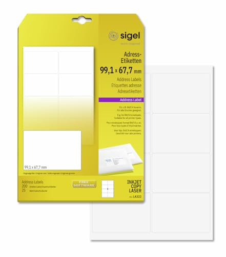 SIGEL Adress Etiketten 99,1 x 67,7 mm 200 Etiketten | LA322, Großes Format für deutliche Beschriftungen