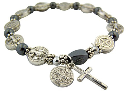 CB Silbernes Rosenkranz-Armband, St. Benedikt-Medaille, Hämatit, 19 cm (7 1/2 Zoll)