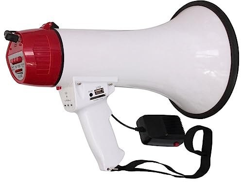 MEGA35USB - LTC - 35 W uppladdningsbar megafon med avtagbar mikrofon, siren, USB, SD, AUX, MP3-kontroll, handtag och inspelning av meddelanden - vit och röd