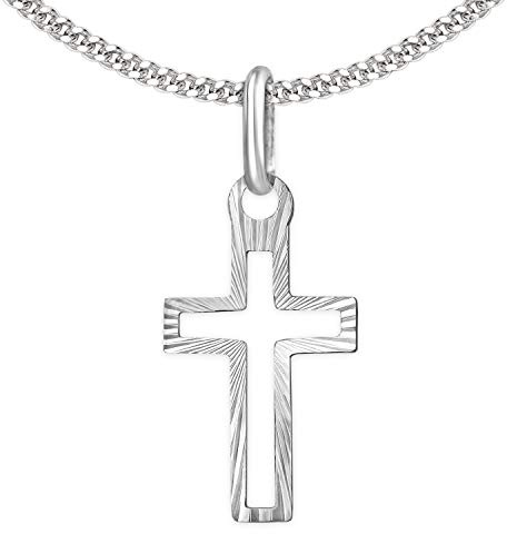 CLEVER SCHMUCK Kinder Kreuzkette Mini Kreuz 16 mm innen offen strahlenförmig diamantiert Panzerkette 40 cm 925 Sterling Silber im Schmucketui creme