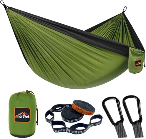 AnorTrek Campinghängmatta, superlätt och portabel fallskärmshängmatta med två trädremmar, enkel eller dubbel nylonhängmatta för camping, vandring och backpacking