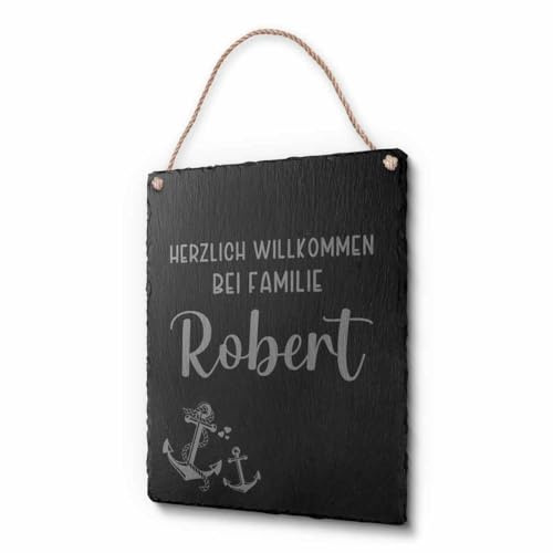 Schöne Schiefer Türschilder für die Haustür mit Gravur | Schiefer-Schild mit Kordel zum Aufhängen in ca. 20x25 cm Gravierte Namensschilder Klingelschilder mit Namen oder Texten Herzlich Willkommen