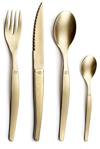 Lou Laguiole JET Steakbesteck Set JET – Besteck Set für 4 Personen | 16-teilig | Champagnerfarben | PVD Besteckset | Mikroverzahnte Klinge für langanhaltende Schärfe, Champagner