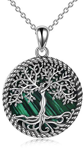 YAFEINI Baum des Lebens Halskette,925 Sterling Silber Baum des Lebens Halskette Damen Anhänger Schmuck (Malachit)