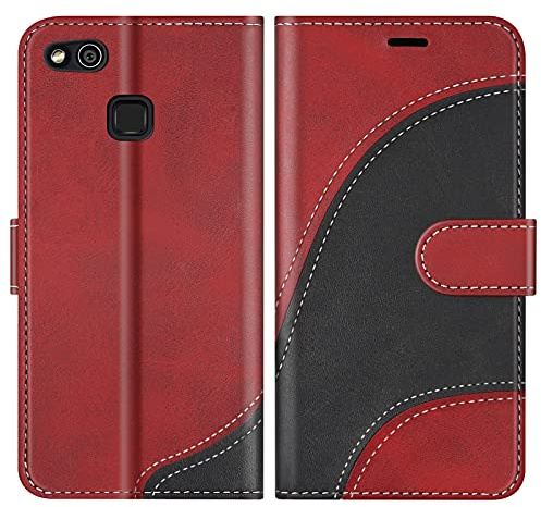 BoxTii Hülle für Huawei P10 Lite, Leder Handyhülle für Huawei P10 Lite, Ledertasche Klapphülle Schutzhülle mit Kartenfächer und Magnetverschluss, Rot