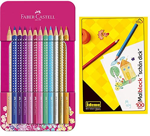 Faber-Castell 201737 - Buntstifte Sparkle 12er Metalletui, 1 Stück + Idena 10390 - Idena Malblock, A4, 100 Blatt, 70g/m², Schön Dick