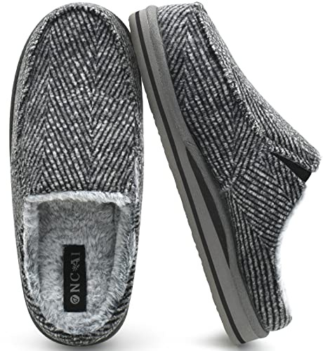 ONCAI Zapatillas de Casa Hombre Rayas Confort Mezcla de algodón Pantuflas con Felpa Espuma de Memoria Soporte del Arco Antideslizante Suela Gris Talla 40