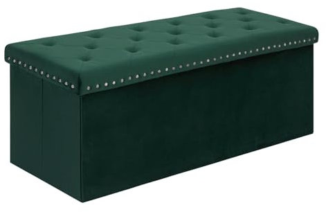 Bonlife Pouf Verde Velluto Poggiapiedi Contenitore,Grande Sgabello Pieghevole Cassapanca Portagiochi,Sgabello Per Scarpe Corridoio, 110x40x40cm