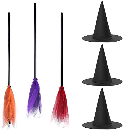 RZJSLSHANHAI 6 Pieces Halloween Witch Broom Set, 3 Pack Halloween Witch Brooms and 3 Pack Halloween Witch Hats Kids Broom Props Cap Flying Broomstick for Halloween Costume Cosplay Party Decoration