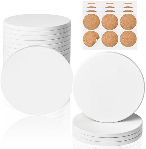 24 PCS Ceramic Tiles for Crafts, Unglazed Matte Coasters with Cork Backings | 4 Inch White Blanks Creative Hobbies Ready to Paint Ceramics for Alcohol Ink, Acrylic Pouring, Painting, Decoupage, Round