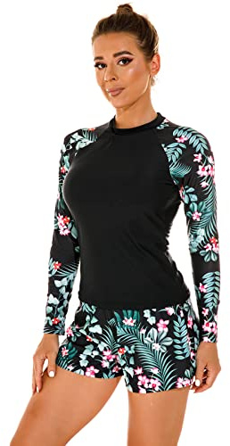 Odizli Maillot de bain à manches longues pour femme - Motif floral - Maillot de bain - Maillot de bain rashguard court, vert, XXL